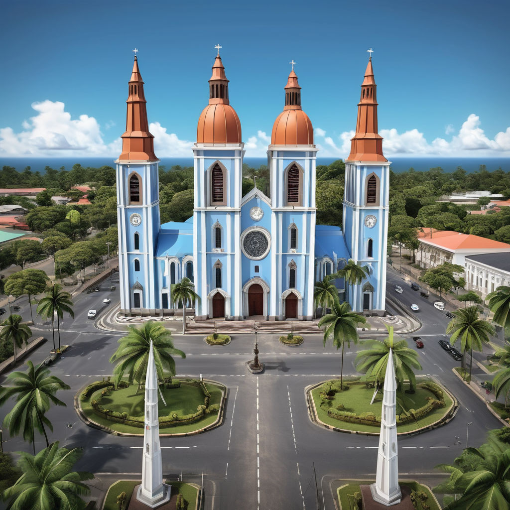 Equatorial Guinea featuring the Malabo Cathedral. Capture the stunning neo-Gothic architecture with its twin spires, set against a clear blue sky. Include some of the surrounding tropical vegetation and a few people to highlight the cultural and historical significance of this landmark.
