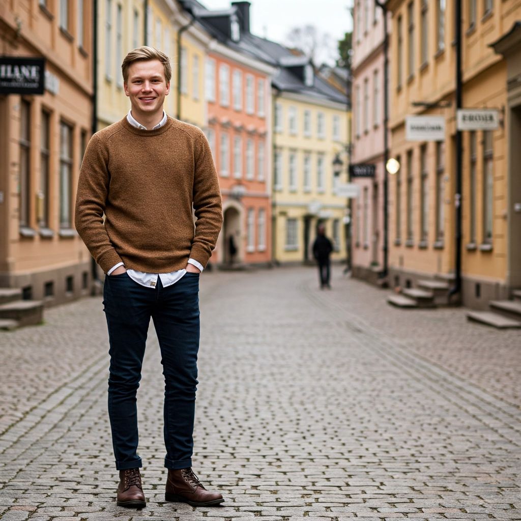 a young Finnish man in his mid-20s. He has short, light brown hair and a friendly smile. His outfit reflects modern Finnish fashion: he is wearing a stylish, fitted wool sweater over a casual shirt, paired with slim-fit jeans and leather boots. The background features a picturesque Finnish street with historic buildings and a cozy atmosphere, capturing the essence of Finnish culture and style.