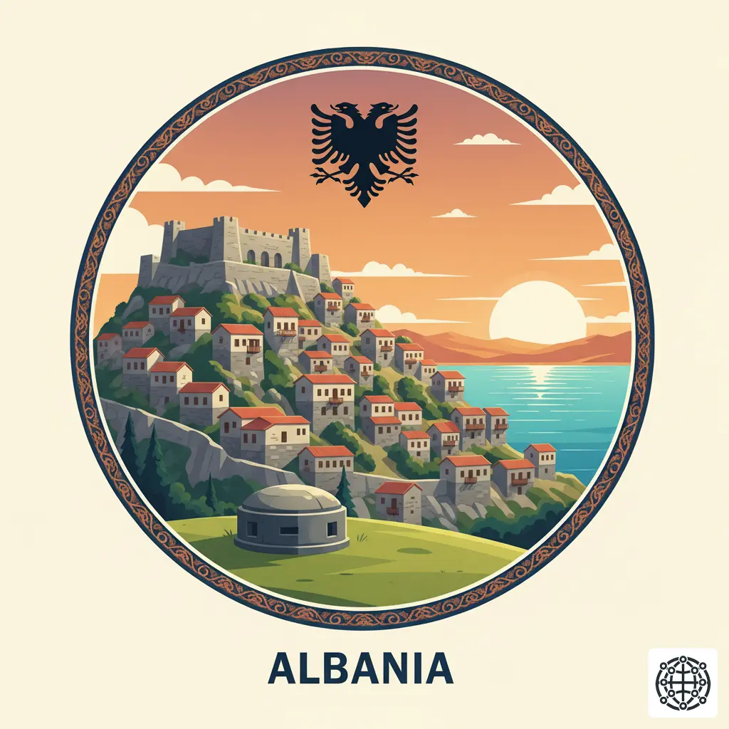 A stylized, modern illustration of Albania, featuring the stone city of Gjirokastër, a concrete bunker on a hill, the double-headed eagle of the flag, and the Ionian coastline.