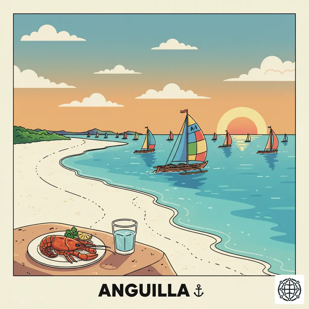 A stylized, modern illustration of Anguilla, featuring a traditional sailboat race, a plate of grilled crayfish on a white sand beach, and the turquoise waters of Shoal Bay.