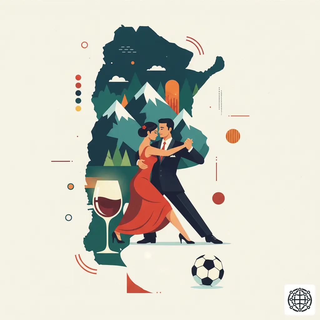 A stylized, modern illustration of Argentina, featuring a couple dancing Tango, the Andes mountains, a glass of Malbec wine, and a soccer ball.