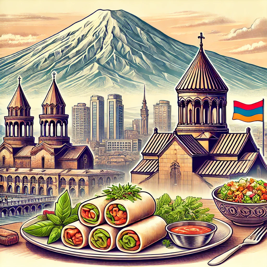 A picturesque image featuring Yerevan cityscape, Mount Ararat in the background, traditional Dolma dish, and iconic Armenian Apostolic churches.