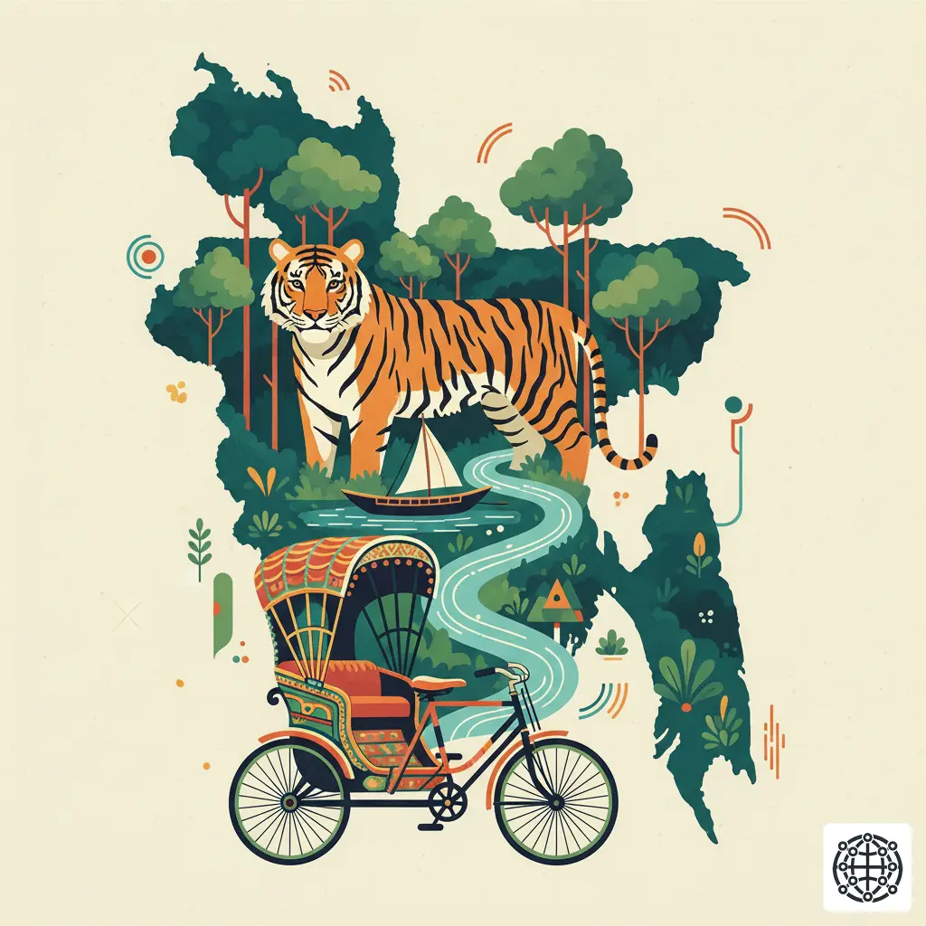 A stylized, modern illustration of Bangladesh, featuring a Royal Bengal Tiger in the Sundarbans, a colorful rickshaw, and a boat on a river.