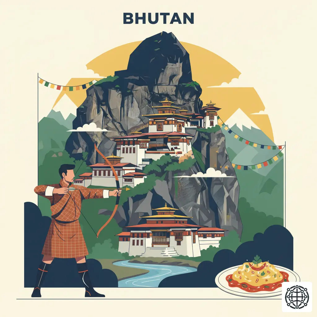 A stylized, modern illustration of Bhutan, featuring the Tiger's Nest Monastery on a cliffside, a traditional Dzong fortress, an archer with a bow, and a plate of Ema Datshi.