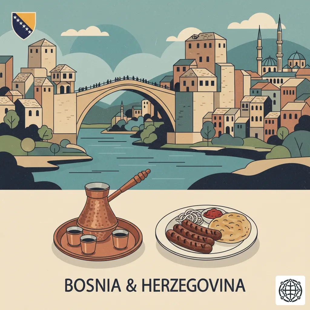 A stylized, modern illustration of Bosnia and Herzegovina, featuring the Stari Most bridge in Mostar, the old town of Sarajevo with its mosques and churches, a traditional copper coffee set, and a plate of ćevapi.