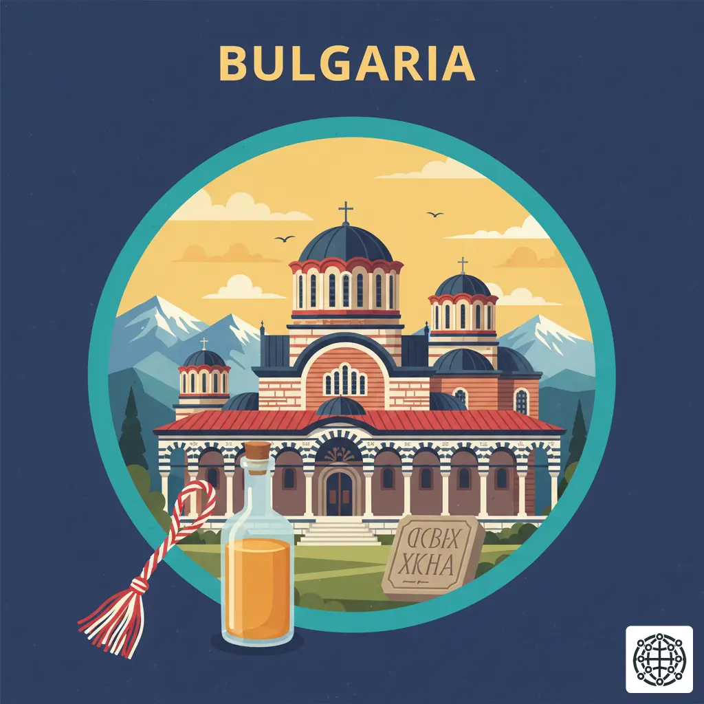 A stylized, modern illustration of Bulgaria, featuring the Rila Monastery, a traditional martenitsa, a bottle of Rakia, and the Cyrillic alphabet.