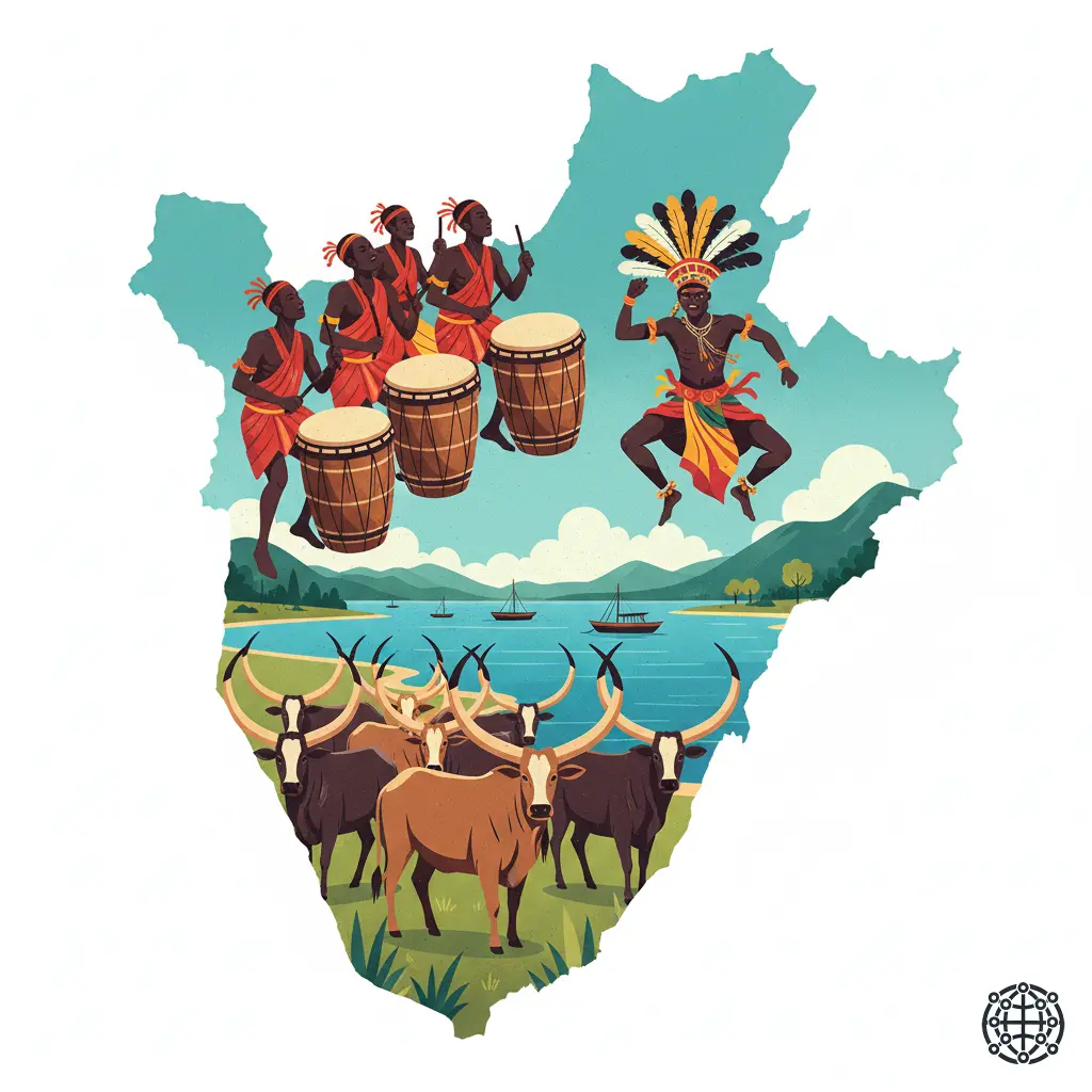 A stylized, modern illustration of Burundi, featuring the Royal Drummers, the shores of Lake Tanganyika, a traditional Intore dancer, and the long-horned Inyambo cattle.