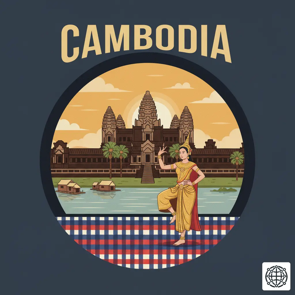 A stylized, modern illustration of Cambodia, featuring the temples of Angkor Wat, a traditional Apsara dancer, the Tonlé Sap lake with a floating village, and a Krama scarf pattern.