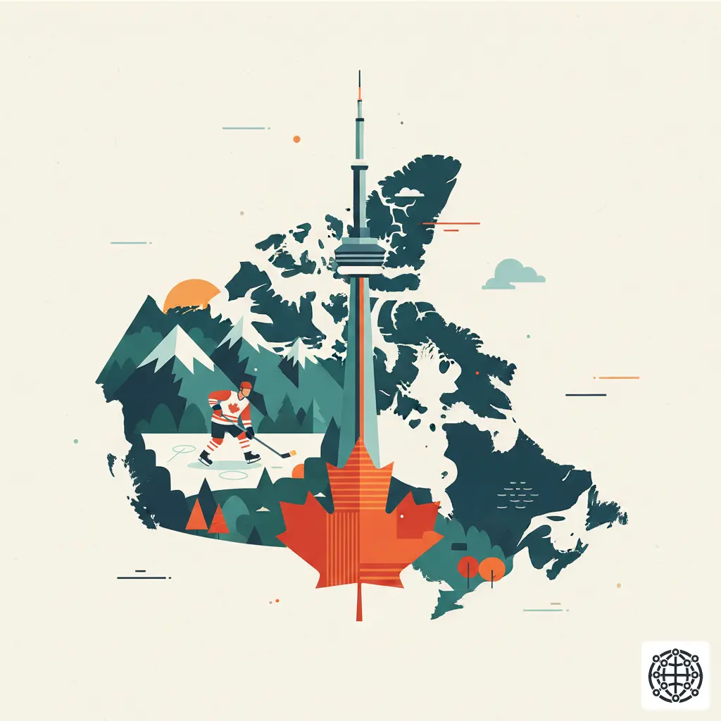 A stylized, modern illustration of Canada, featuring the CN Tower, the Rocky Mountains, a maple leaf, and a hockey player.