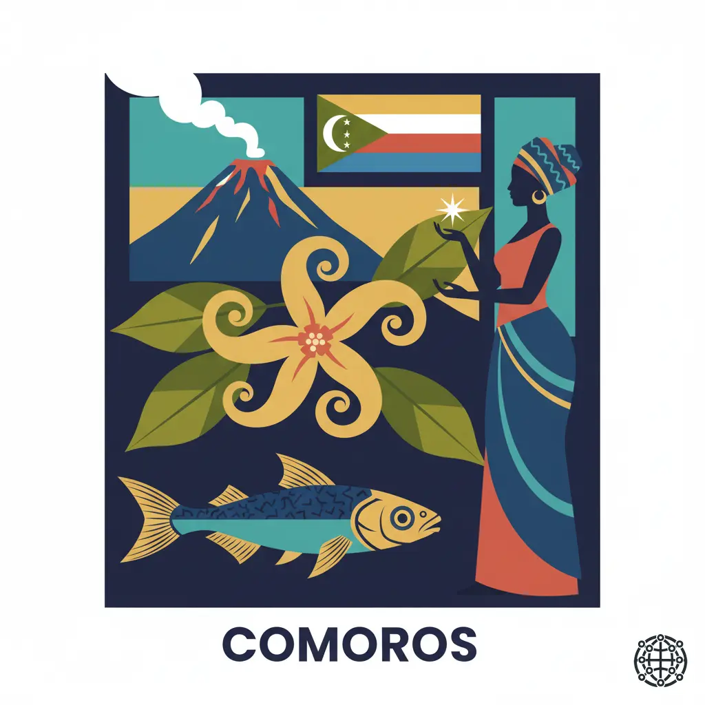 A stylized, modern illustration of Comoros, featuring the Mount Karthala volcano, a ylang-ylang flower, a coelacanth fish, and a woman in a traditional shiromani.