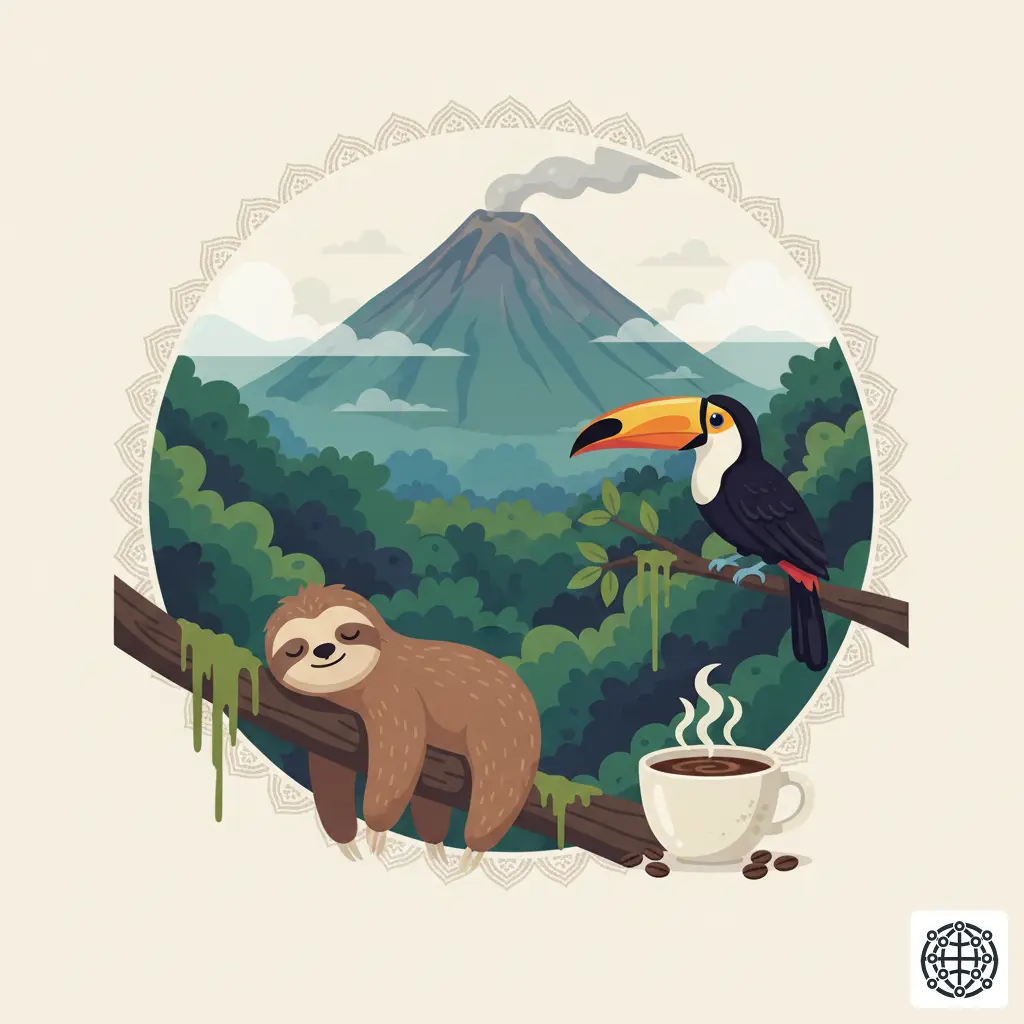 A stylized, modern illustration of Costa Rica, featuring the Arenal Volcano, a sloth hanging from a branch in a cloud forest, a colorful toucan, and a cup of coffee.