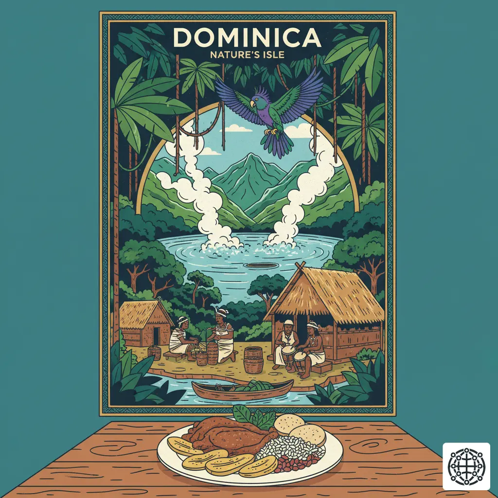 A stylized, modern illustration of Dominica, featuring the Boiling Lake, a Sisserou Parrot in the rainforest, a Kalinago cultural scene, and a plate of 'Mountain Chicken'.