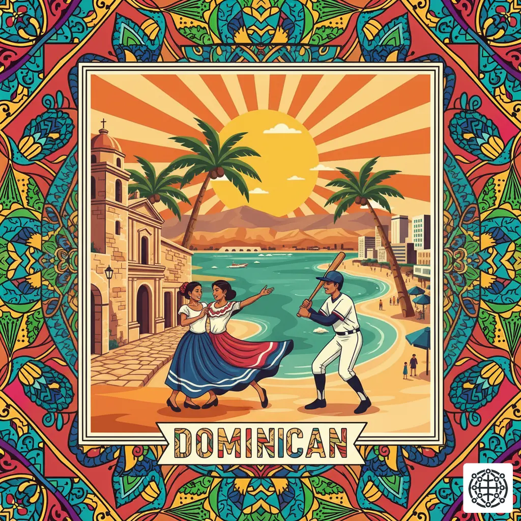 A stylized, modern illustration of the Dominican Republic, featuring the colonial architecture of Santo Domingo, a couple dancing Merengue, a baseball player, and a tropical beach.