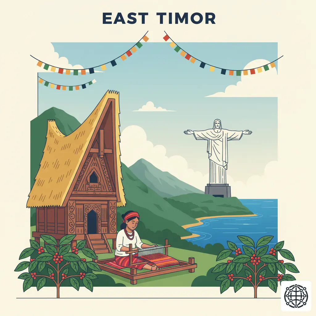 A stylized, modern illustration of East Timor, featuring a traditional 'uma lulik' sacred house, a woman weaving a 'tais' cloth, the Cristo Rei of Dili statue, and coffee plants.