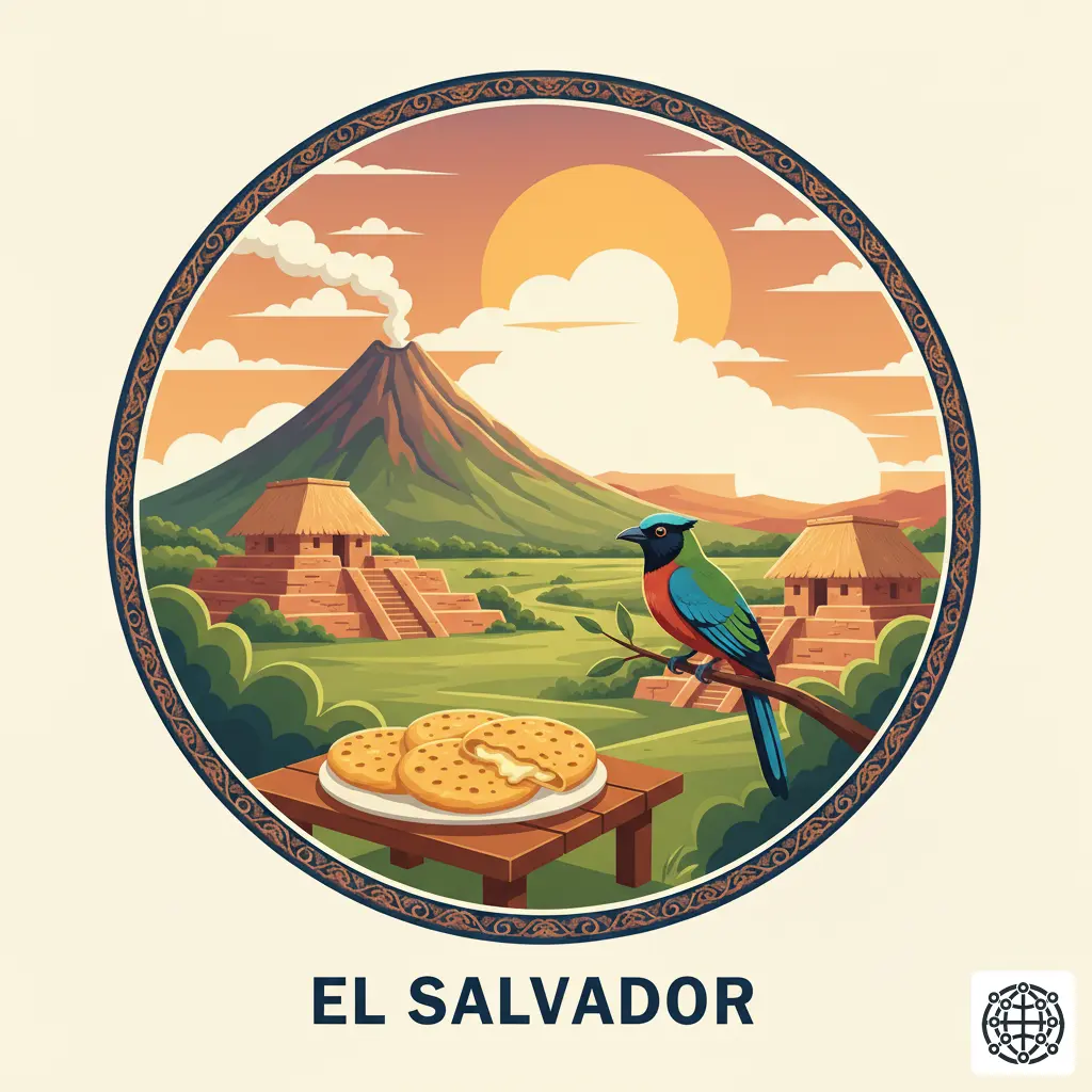 A stylized, modern illustration of El Salvador, featuring the San Salvador Volcano, the Joya de Cerén archaeological site, a plate of pupusas, and a colorful Torogoz bird.