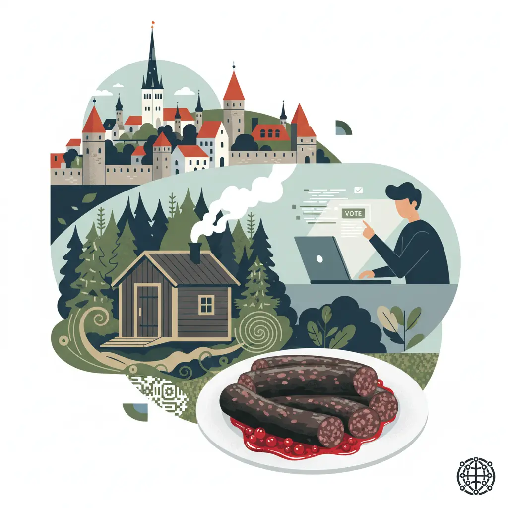 A stylized, modern illustration of Estonia, featuring the medieval skyline of Tallinn's Old Town, a traditional smoke sauna in a forest, a person voting online to represent e-Estonia, and a plate of Verivorst with lingonberry jam.