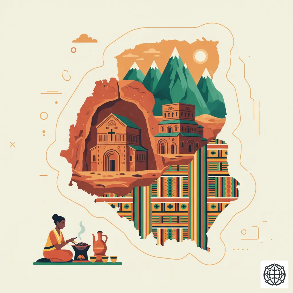 A stylized, modern illustration of Ethiopia, featuring the rock-hewn churches of Lalibela, a traditional coffee ceremony, the Simien Mountains, and a colorful textile pattern.