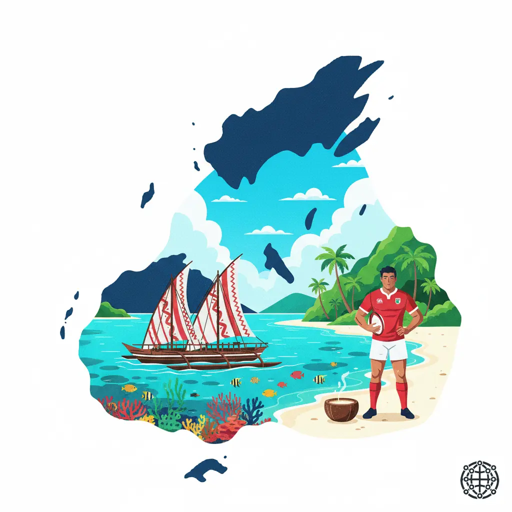 A stylized, modern illustration of Fiji, featuring a traditional 'drua' canoe on a turquoise lagoon, a rugby player, a 'bilo' cup for kava, and vibrant coral reefs.
