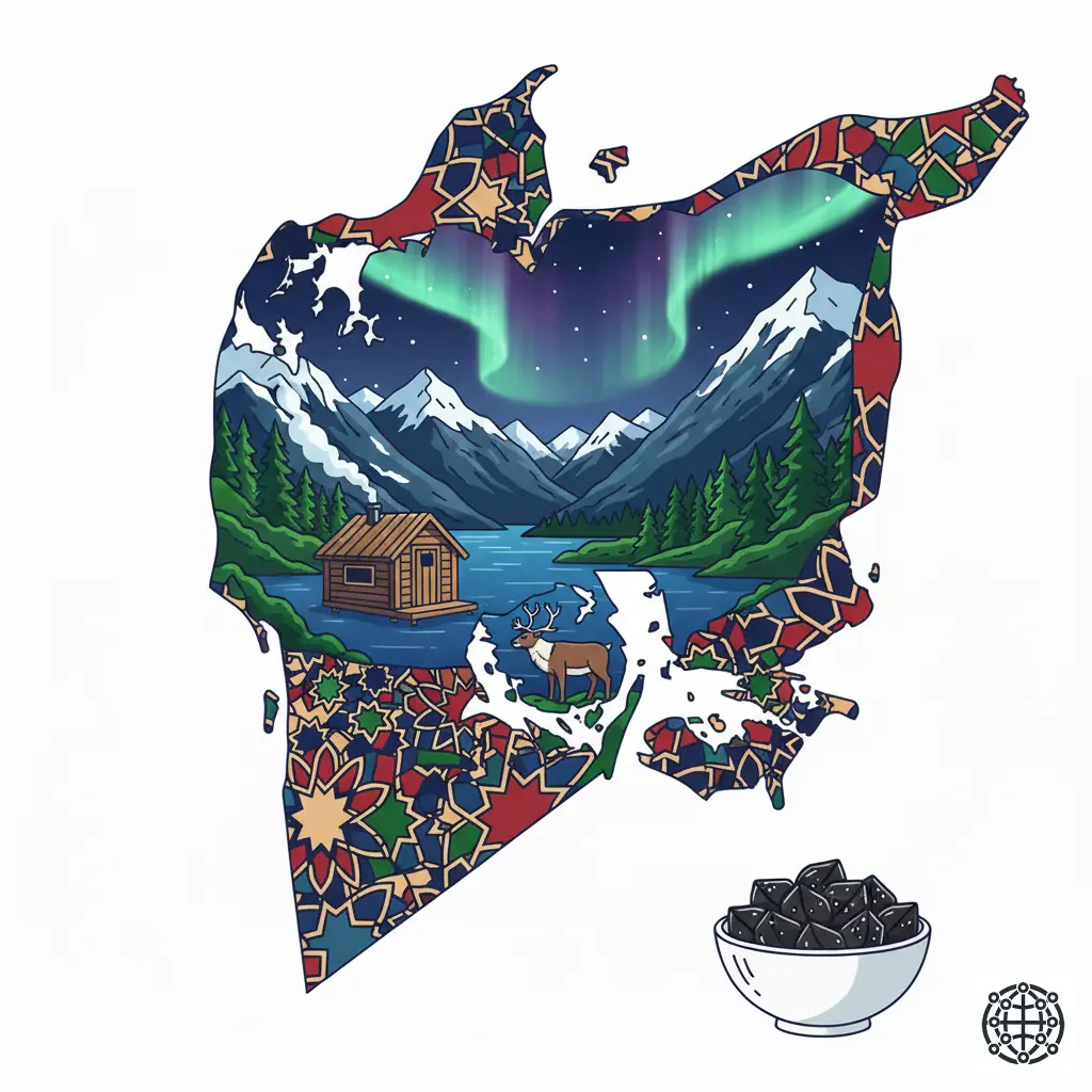 A stylized, modern illustration of Finland, featuring a sauna by a lake, the Northern Lights, a reindeer, and a bowl of Salmiakki.