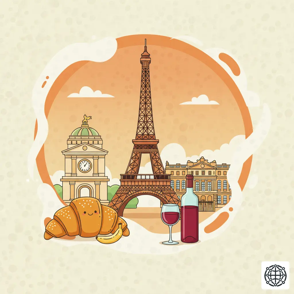 A stylized, modern illustration of France, featuring the Eiffel Tower, the Palace of Versailles, a bottle of wine, and a croissant.