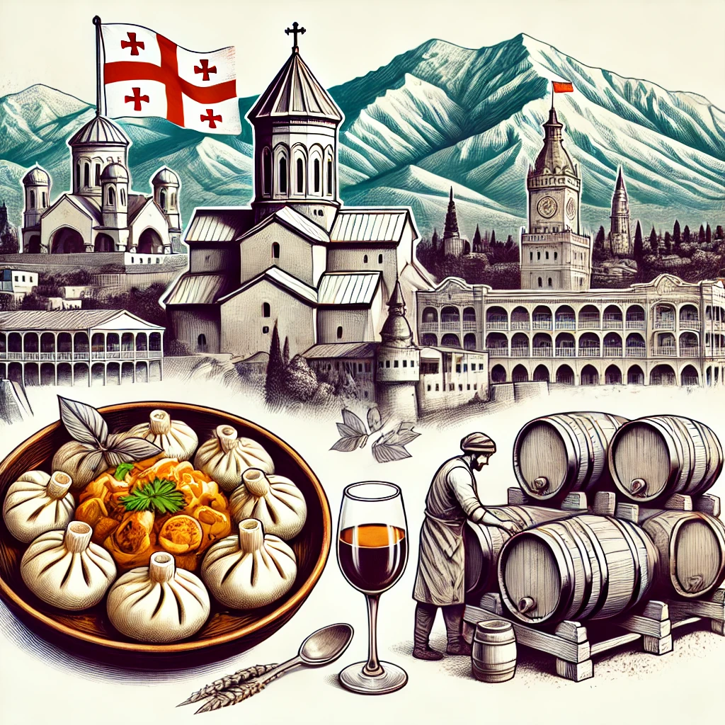 An image showcasing the cityscape of Tbilisi, a traditional Khinkali dish, the Caucasus mountains, and Georgian wine-making using clay pots.