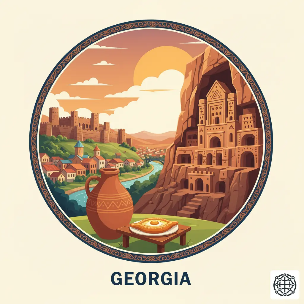 A stylized, modern illustration of Georgia, featuring the Narikala Fortress overlooking Tbilisi, the ancient cave city of Vardzia, a traditional 'qvevri' wine vessel, and a plate of Khachapuri.