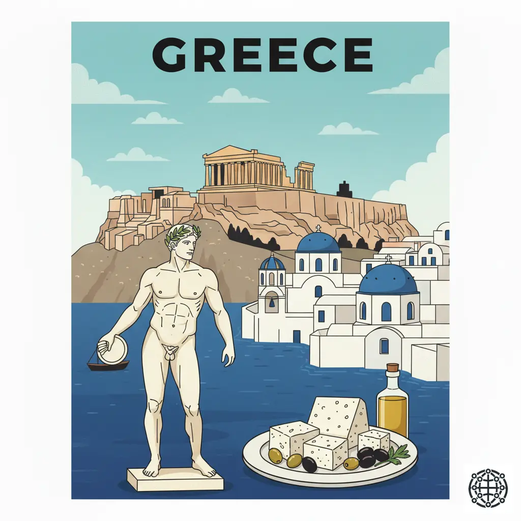 A stylized, modern illustration of Greece, featuring the Acropolis in Athens, the white-washed buildings of Santorini, an ancient Olympic athlete, and a plate of feta cheese and olives.