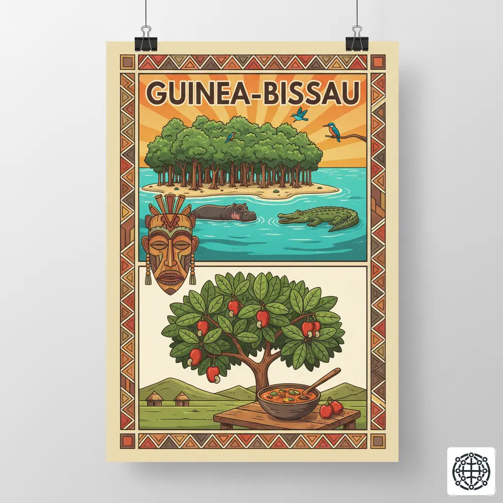 A stylized, modern illustration of Guinea-Bissau, featuring the Bijagós Archipelago with its unique wildlife, a traditional wooden mask, a bowl of Caldo de Mancarra, and a cashew tree.