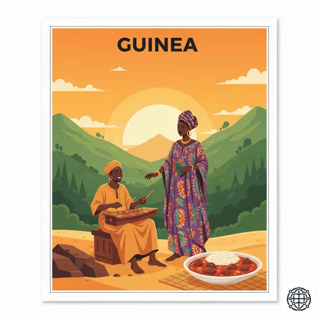 A stylized, modern illustration of Guinea, featuring the Mount Nimba Strict Nature Reserve, a musician playing the balafon, a woman wearing a colorful boubou, and a plate of groundnut stew.