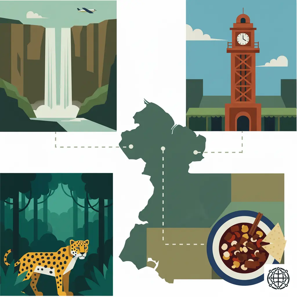 A stylized, modern illustration of Guyana, featuring Kaieteur Falls, the Stabroek Market clock tower, a jaguar in the rainforest, and a plate of Pepperpot.