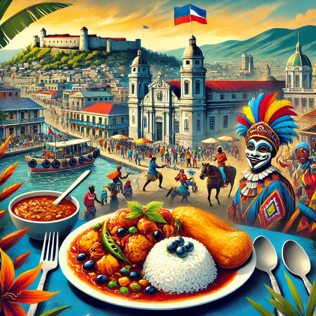A vibrant image showcasing Port-au-Prince’s cityscape, a plate of Griot with rice and plantains, the majestic Citadelle Laferrière, and a lively Carnival celebration in Haiti.