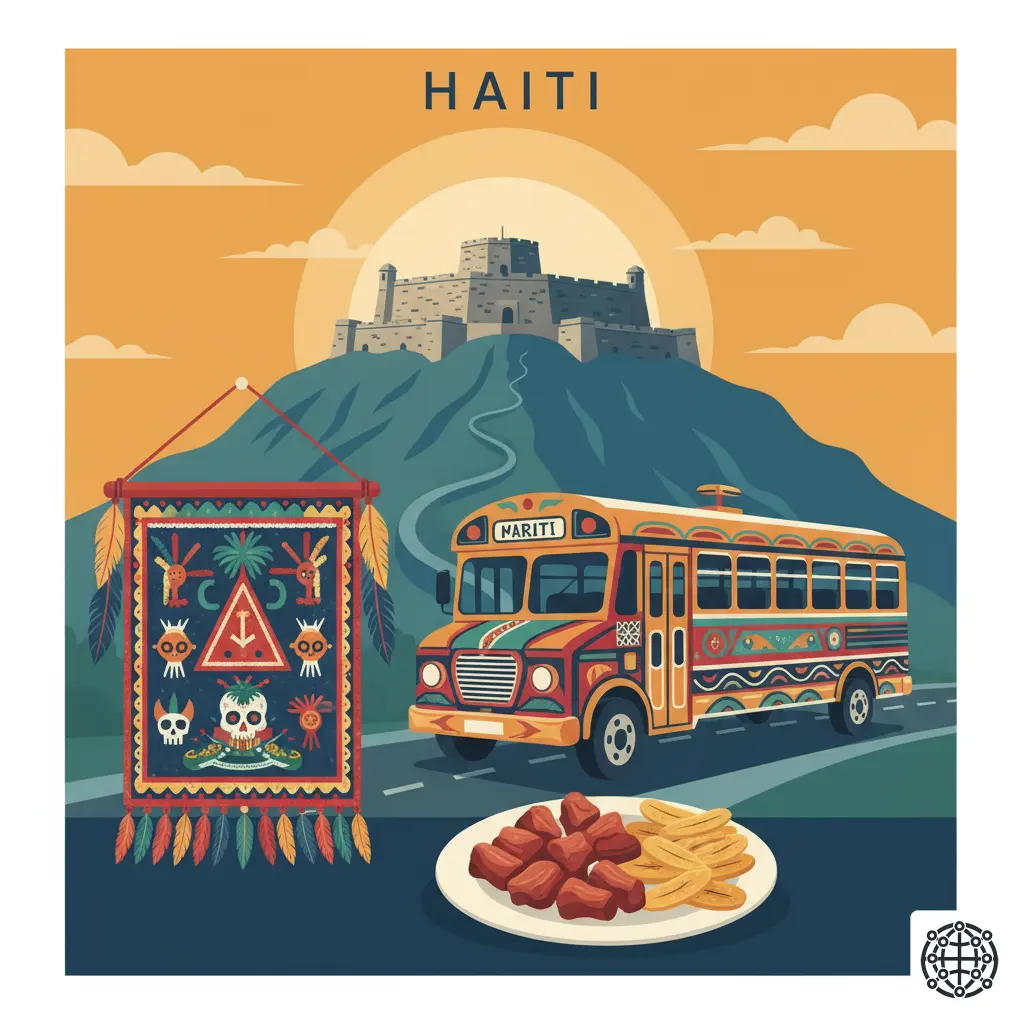 A stylized, modern illustration of Haiti, featuring the Citadelle Laferrière, a colorful 'tap tap' bus, a vibrant Vodou-inspired art piece, and a plate of Griot with plantains.