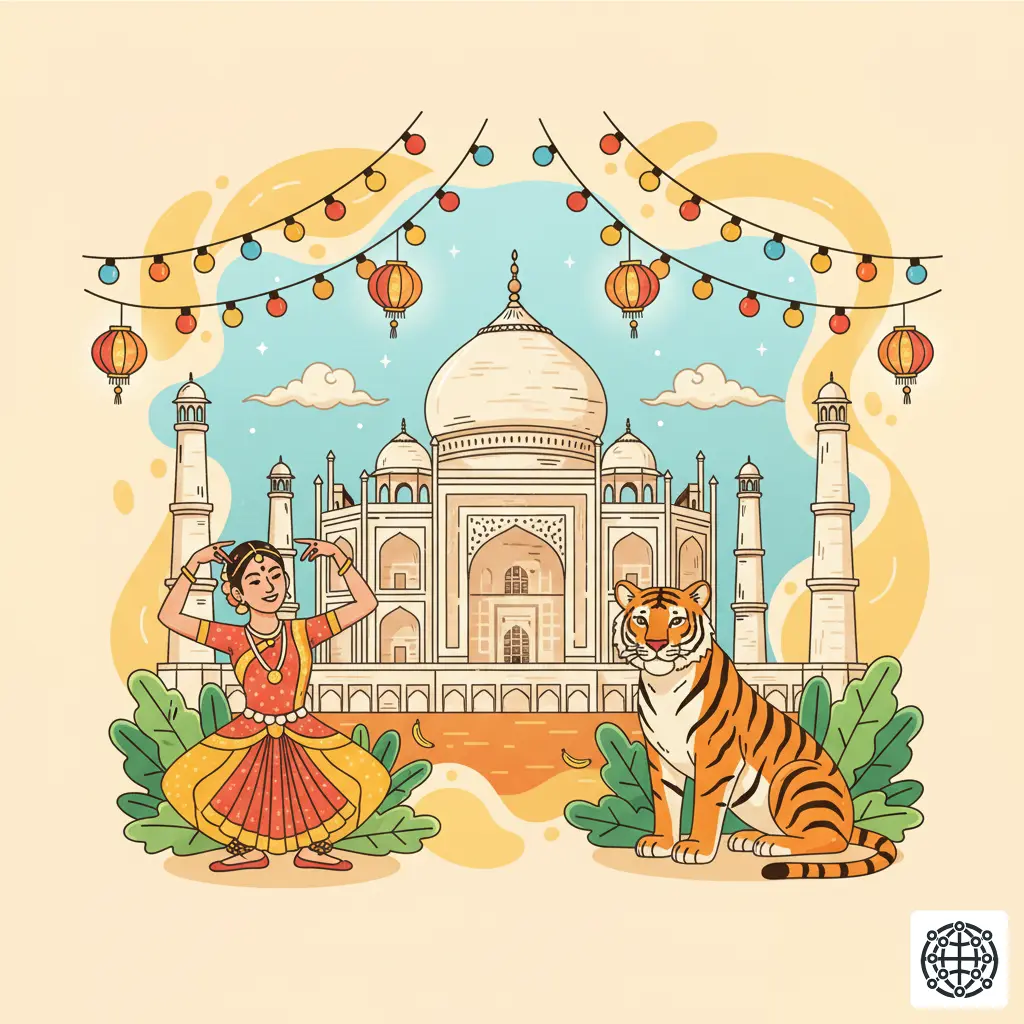 A vibrant, stylized illustration of India, featuring the Taj Mahal, a classical dancer, colorful festival lights, and a Bengal tiger.