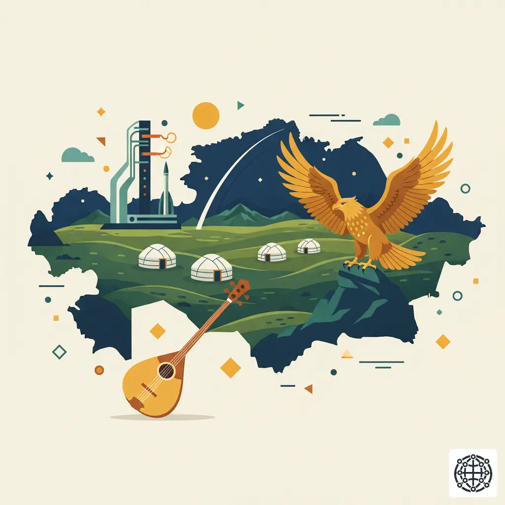 A stylized, modern illustration of Kazakhstan, featuring a golden eagle, a yurt on the steppe, the Baikonur Cosmodrome, and a traditional Dombra.