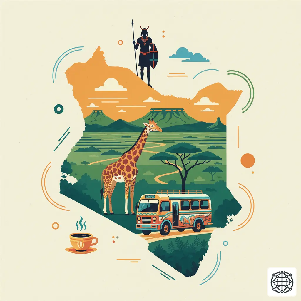 A stylized, modern illustration of Kenya, featuring a Maasai warrior overlooking the Great Rift Valley, a giraffe on the savanna, a colorful matatu, and a cup of Kenyan coffee.