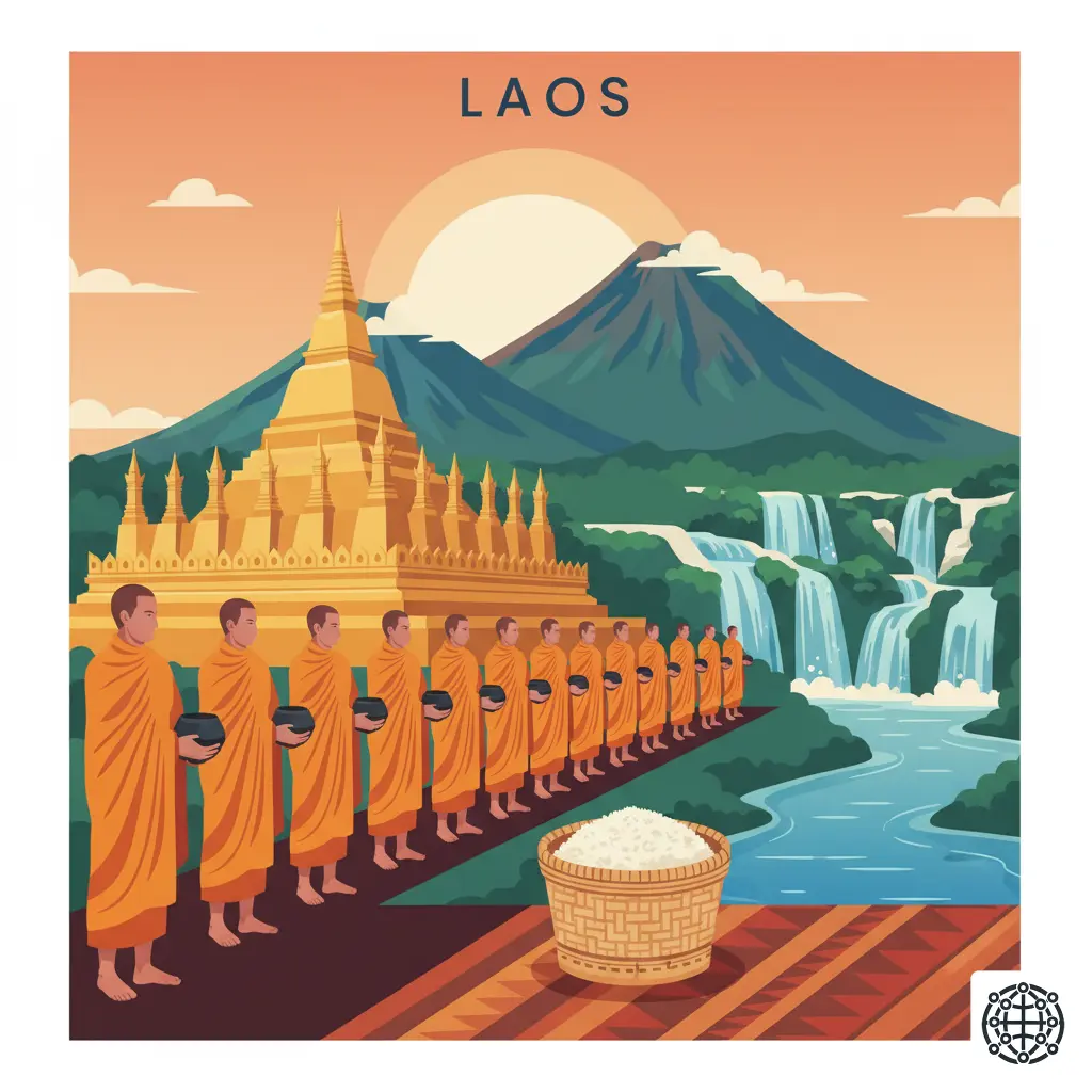 A stylized, modern illustration of Laos, featuring the golden stupa of Pha That Luang, monks in saffron robes during the Tak Bat ceremony, the Kuang Si Falls, and a basket of sticky rice.