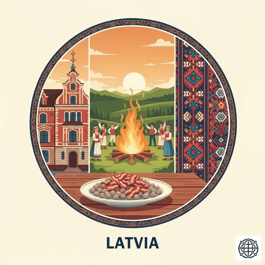 A stylized, modern illustration of Latvia, featuring the Art Nouveau architecture of Riga, a bonfire for the Līgo festival, a traditional Latvian folk pattern, and a plate of grey peas with bacon.