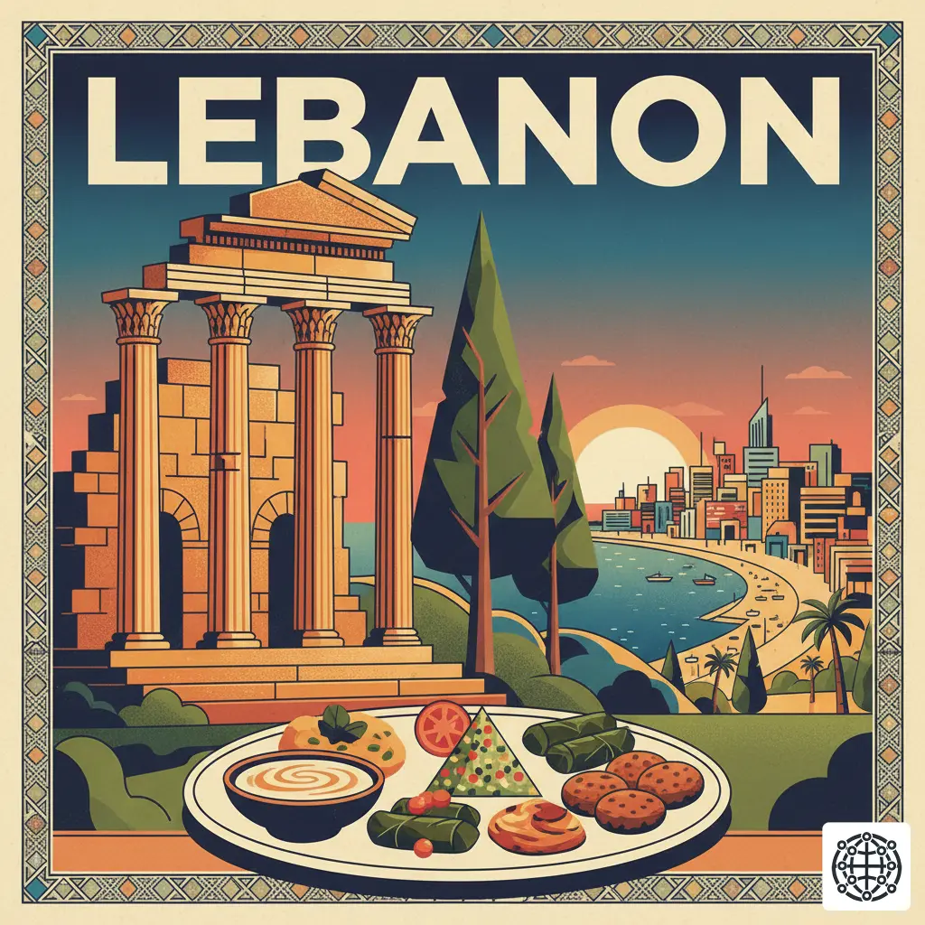 A stylized, modern illustration of Lebanon, featuring the ancient ruins of Baalbek, the iconic Cedar trees, a plate of Mezze, and the vibrant city of Beirut.