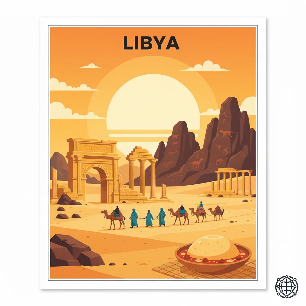 A stylized, modern illustration of Libya, featuring the Roman ruins of Leptis Magna, the prehistoric rock art of the Acacus Mountains, a traditional Tuareg caravan, and a plate of Bazeen.