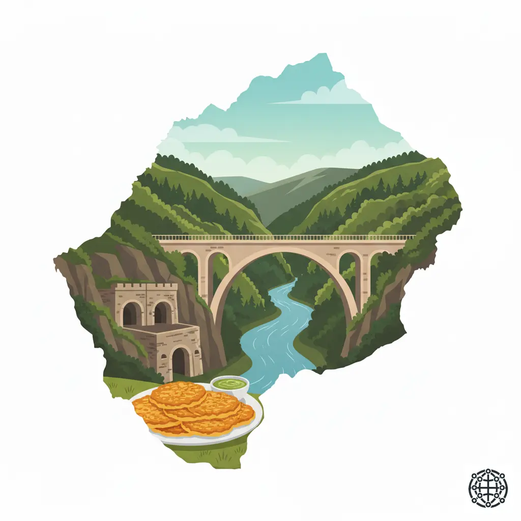 A stylized, modern illustration of Luxembourg, featuring the Adolphe Bridge, the Bock Casemates, a plate of Gromperekichelcher, and the forested hills of the Ardennes.