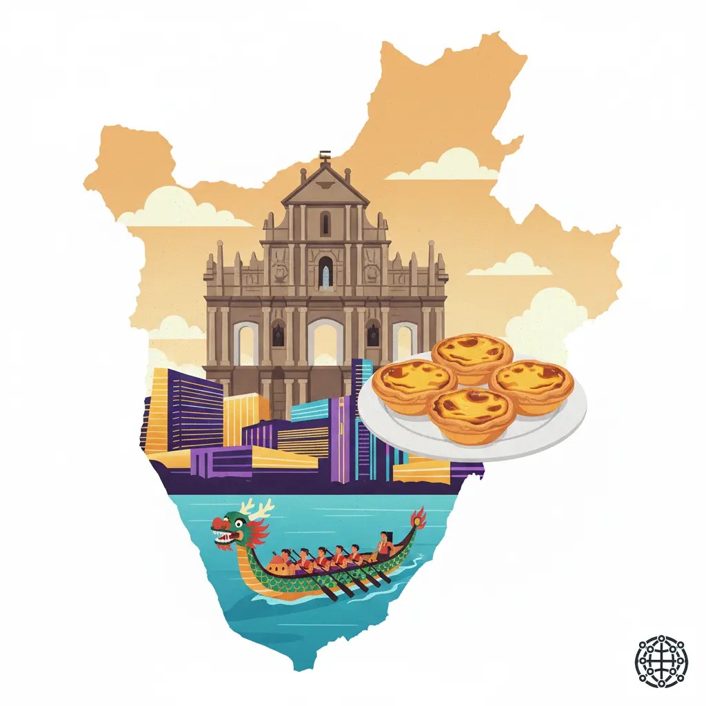 A stylized, modern illustration of Macau, featuring the Ruins of St. Paul's, the glittering casinos of the Cotai Strip, a Portuguese egg tart (Pastel de Nata), and a dragon boat.