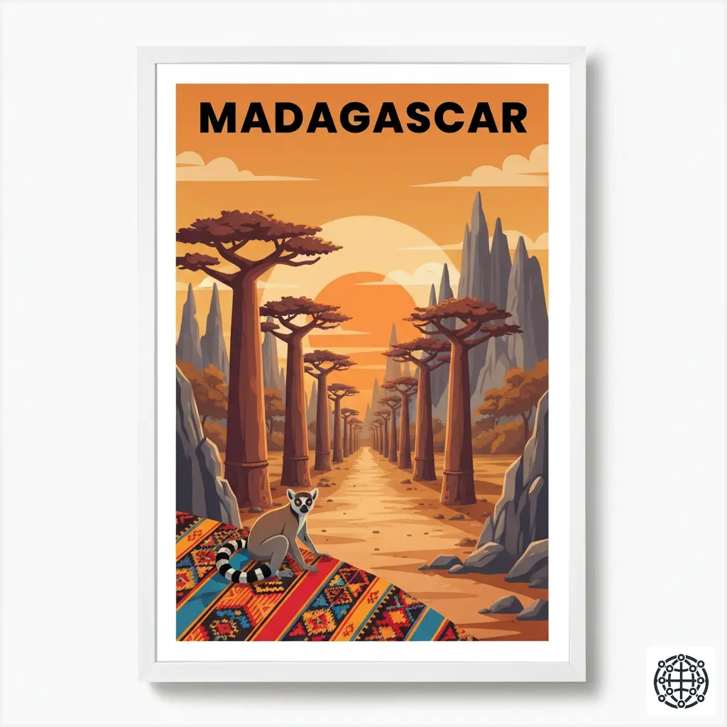 A stylized, modern illustration of Madagascar, featuring the Avenue of the Baobabs at sunset, a ring-tailed lemur, the limestone 'tsingy' formations, and a traditional lamba cloth pattern.