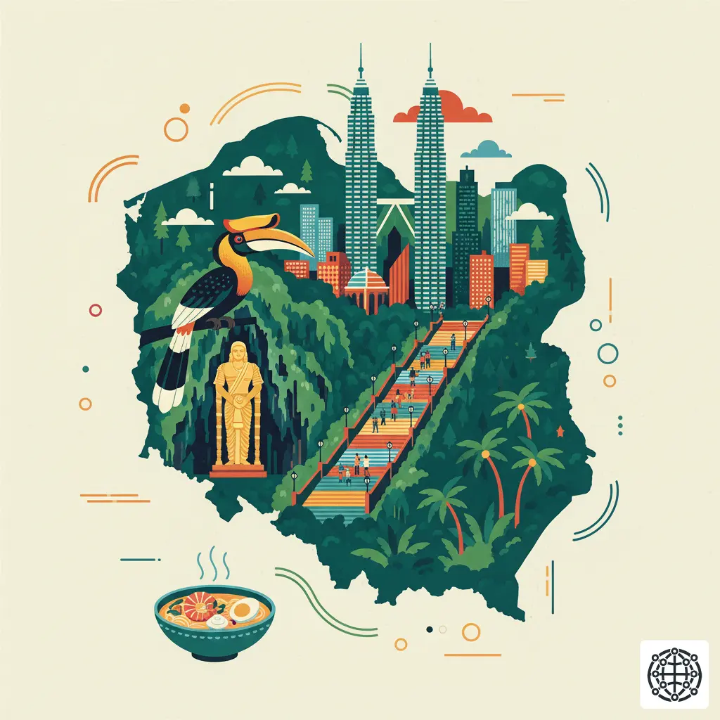 A stylized, modern illustration of Malaysia, featuring the Petronas Towers, the Batu Caves, a hornbill, and a bowl of Laksa.