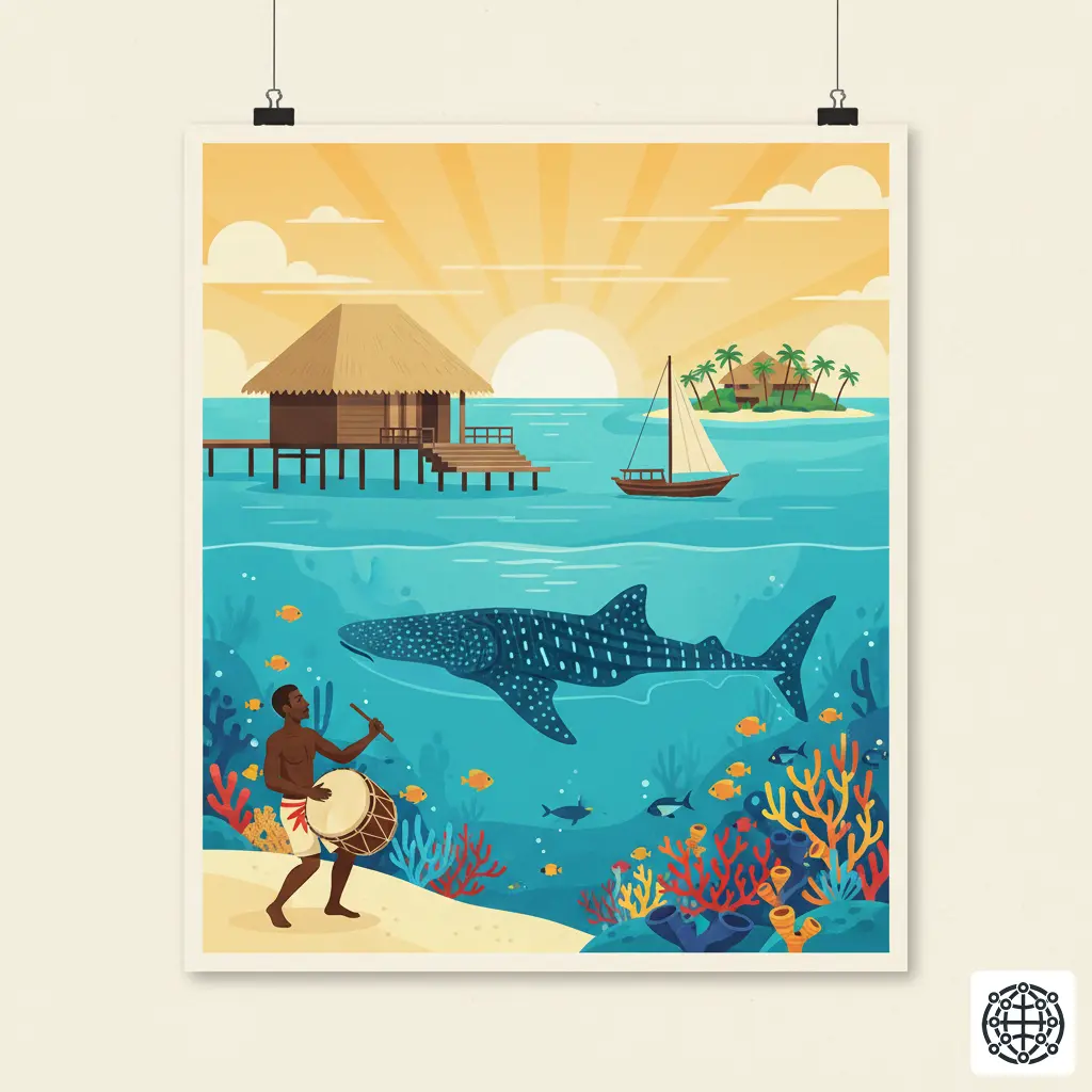 A stylized, modern illustration of the Maldives, featuring an overwater bungalow, a traditional dhoni boat, a whale shark swimming in the coral reef, and a Bodu Beru drummer.