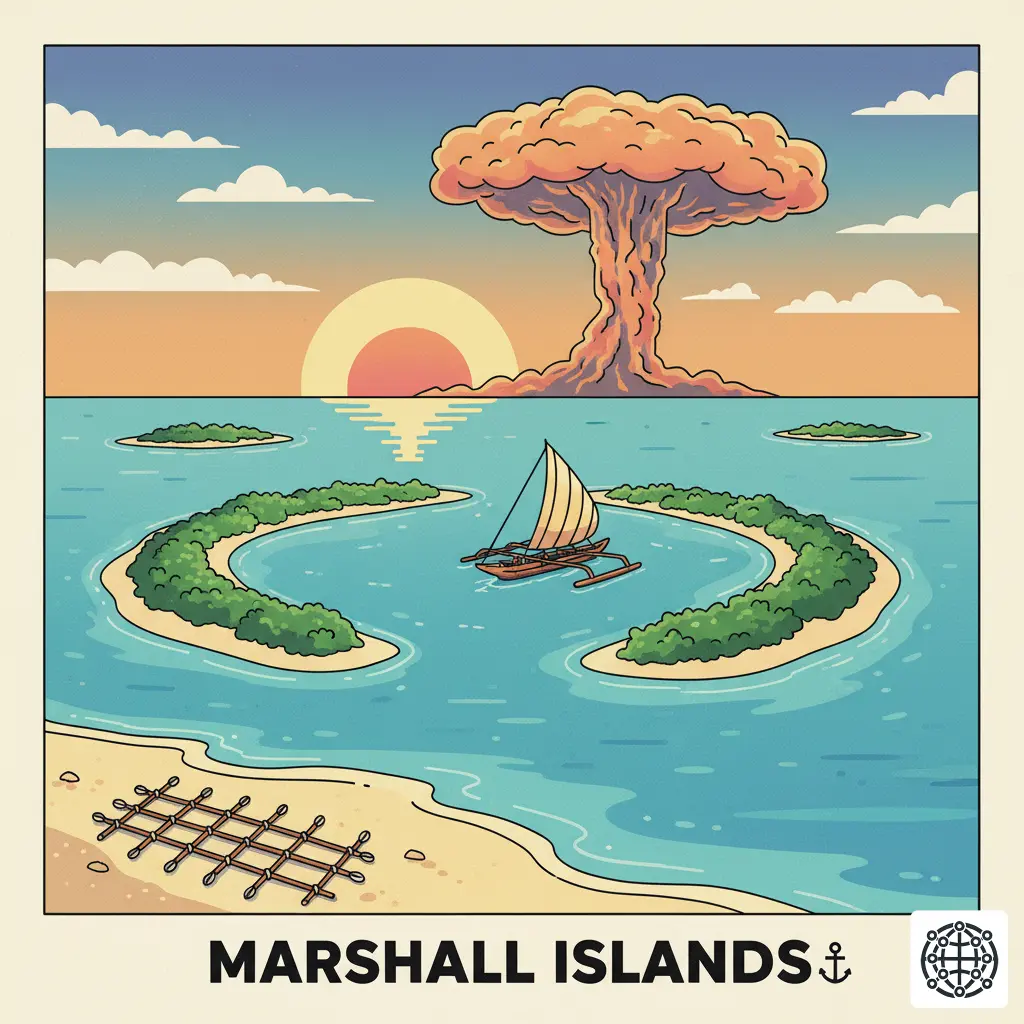 A stylized, modern illustration of the Marshall Islands, featuring a traditional outrigger canoe, a stick chart for navigation, a vibrant coral atoll, and a mushroom cloud symbolizing the Bikini Atoll tests.