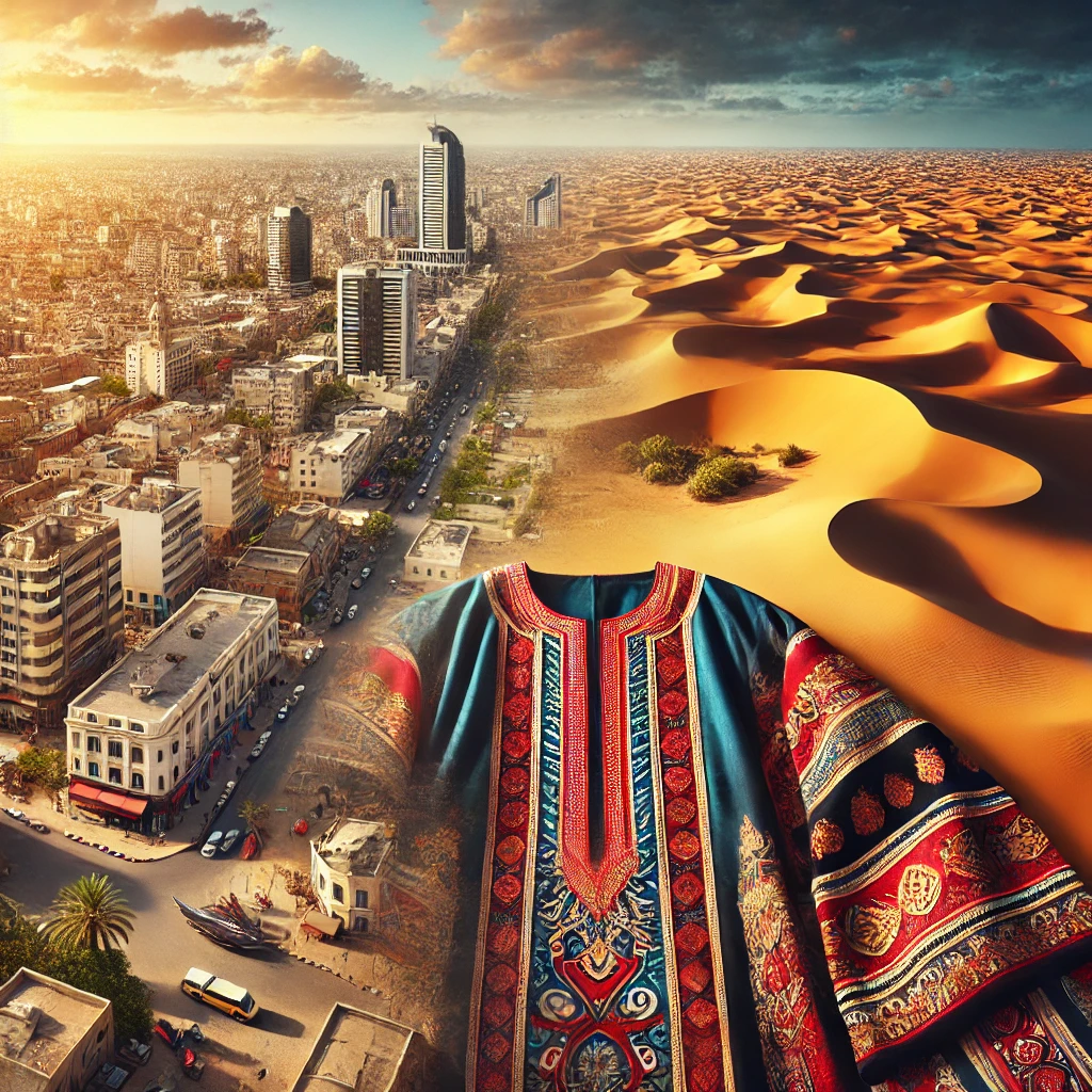 A stunning view of Nouakchott’s urban landscape, the vast Sahara Desert with sand dunes, a close-up of a traditional Darra'a robe, and the Eye of the Sahara geological formation seen from above.