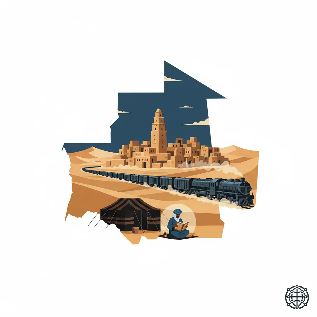 A stylized, modern illustration of Mauritania, featuring the ancient stone city of Chinguetti, the long Iron Ore Train crossing the Sahara, a nomadic tent (khaima), and a scholar reading a manuscript.