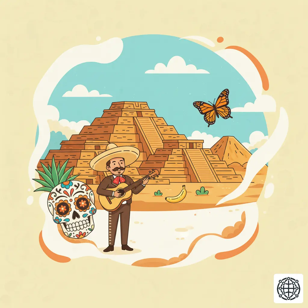 A stylized, modern illustration of Mexico, featuring the Teotihuacan pyramids, a sugar skull, a mariachi player, and a monarch butterfly.