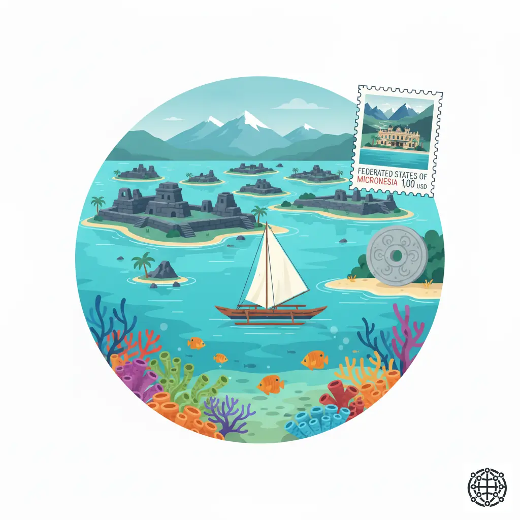 A stylized, modern illustration of Micronesia, featuring the ancient ruins of Nan Madol, a traditional outrigger canoe, a large Rai stone from Yap, and a vibrant coral reef.