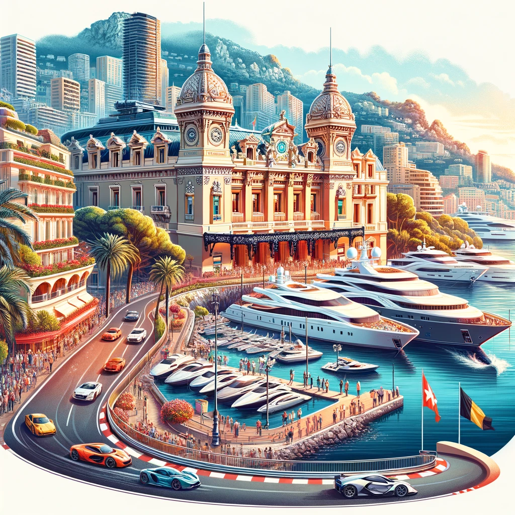 An elegant illustration featuring Monte Carlo Casino, the Mediterranean coastline, and the Monaco Grand Prix track. Include Monaco’s flag and elements like yachts and luxury cars.